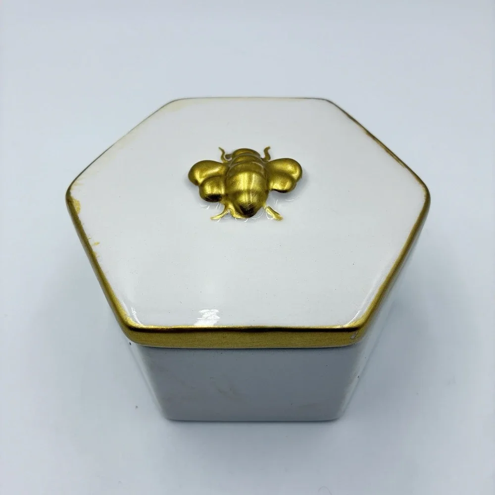 White Gold Trinket Jewelry Vanity Holder Box With Bee Hand Painted Octagon Shape